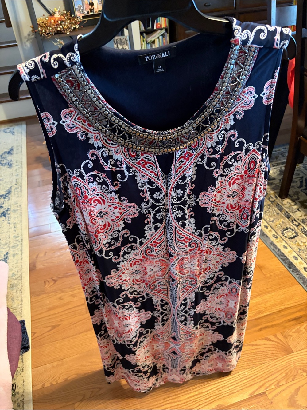 Roz & Ali black Paisley Sleeveless Dress with Beaded Neckline